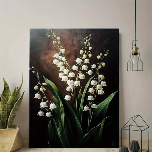 1 Item A Painting of Lily of The Valley Flowers Canvas Poster with Wooden Frame - Modern Art Deco Style Wall Decor, Waterproof, Easy to Hang, Suitable for Living Room, Bedroom, Home Office - Unique Gift Idea