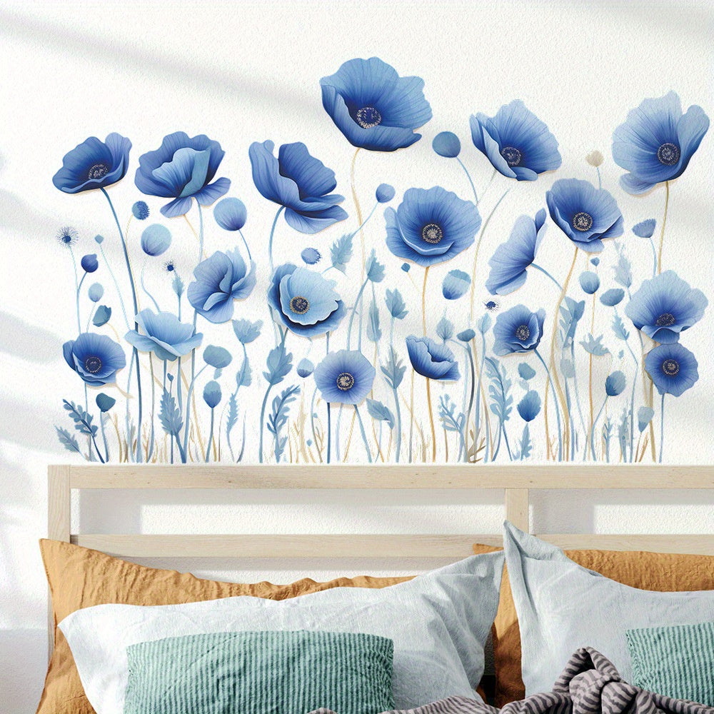 Colorful blue poppy flower leaves, living room entrance background decoration wall stickers