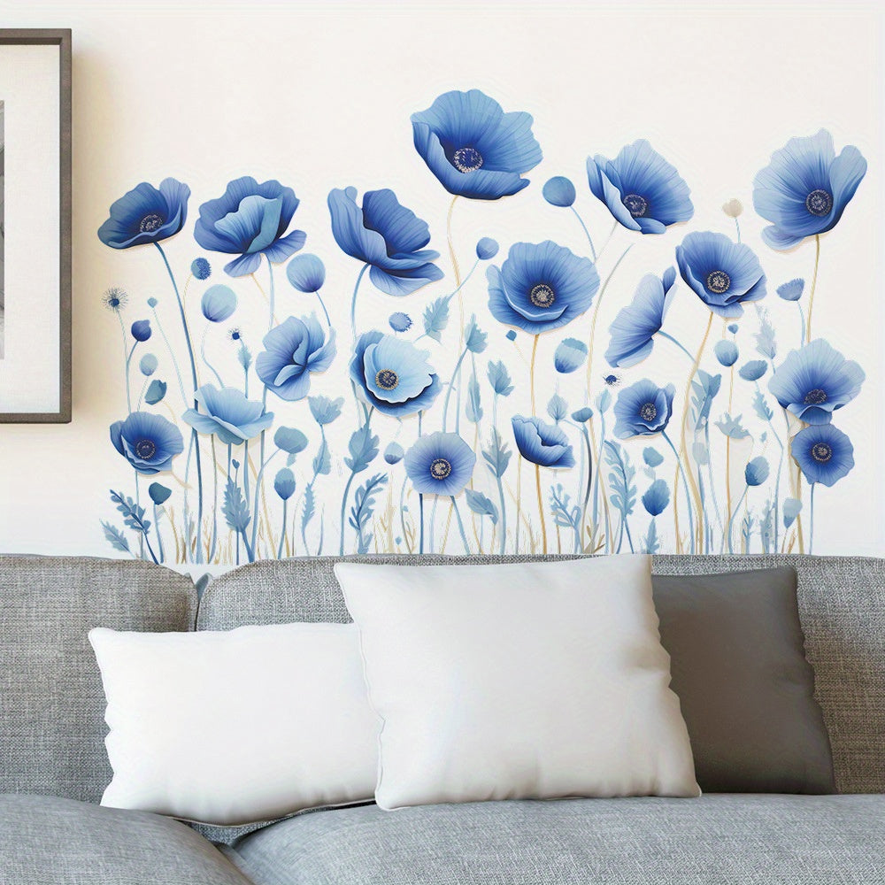 Colorful blue poppy flower leaves, living room entrance background decoration wall stickers
