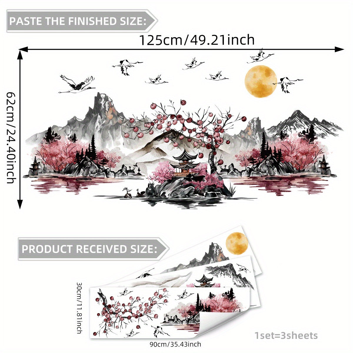 3pcs Traditional Chinese Ink Wash Wall Stickers - Asian Landscape Paintings with Cherry Blossoms, Pagodas & Crane Birds, Glossy PVC Removable Decals for, Walls, Doors, (Easy Peel & Stick)