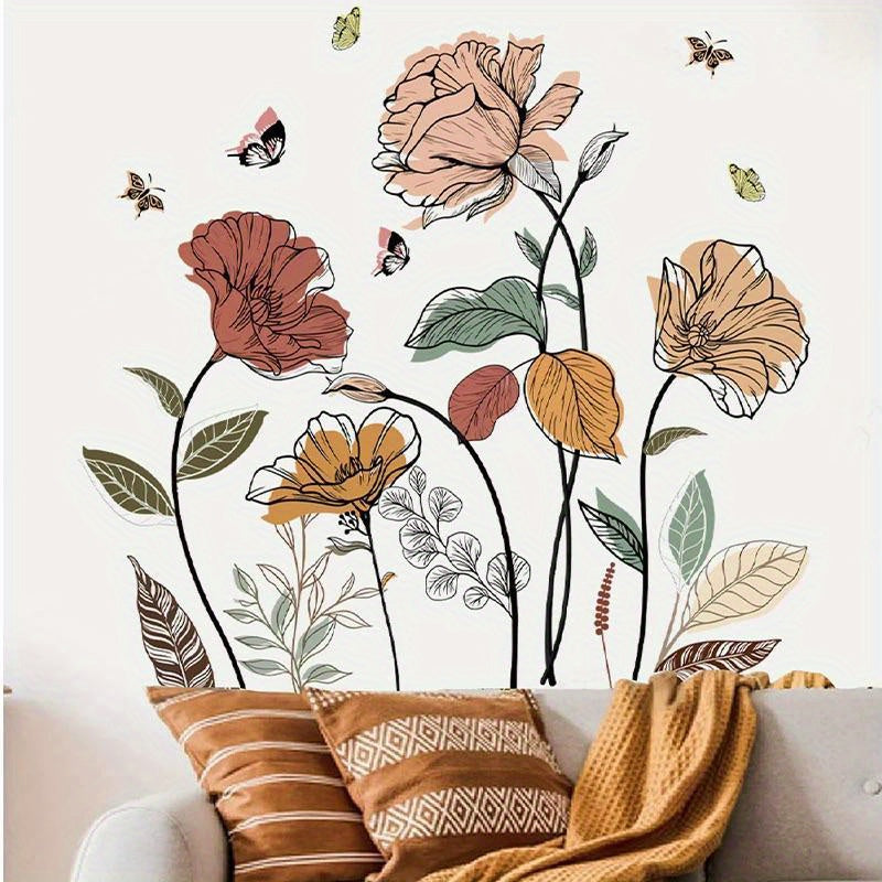 1pc Bohemian Flower Wall Stickers Wildflowers Living Room Bedroom Background Wall Art Deco Self-Adhesive Paper Bohemian Flower Wall Stickers, Wildflowers, Fruits And Pasted Wall Art Stickers for Living Room, Bedroom And TV Walls