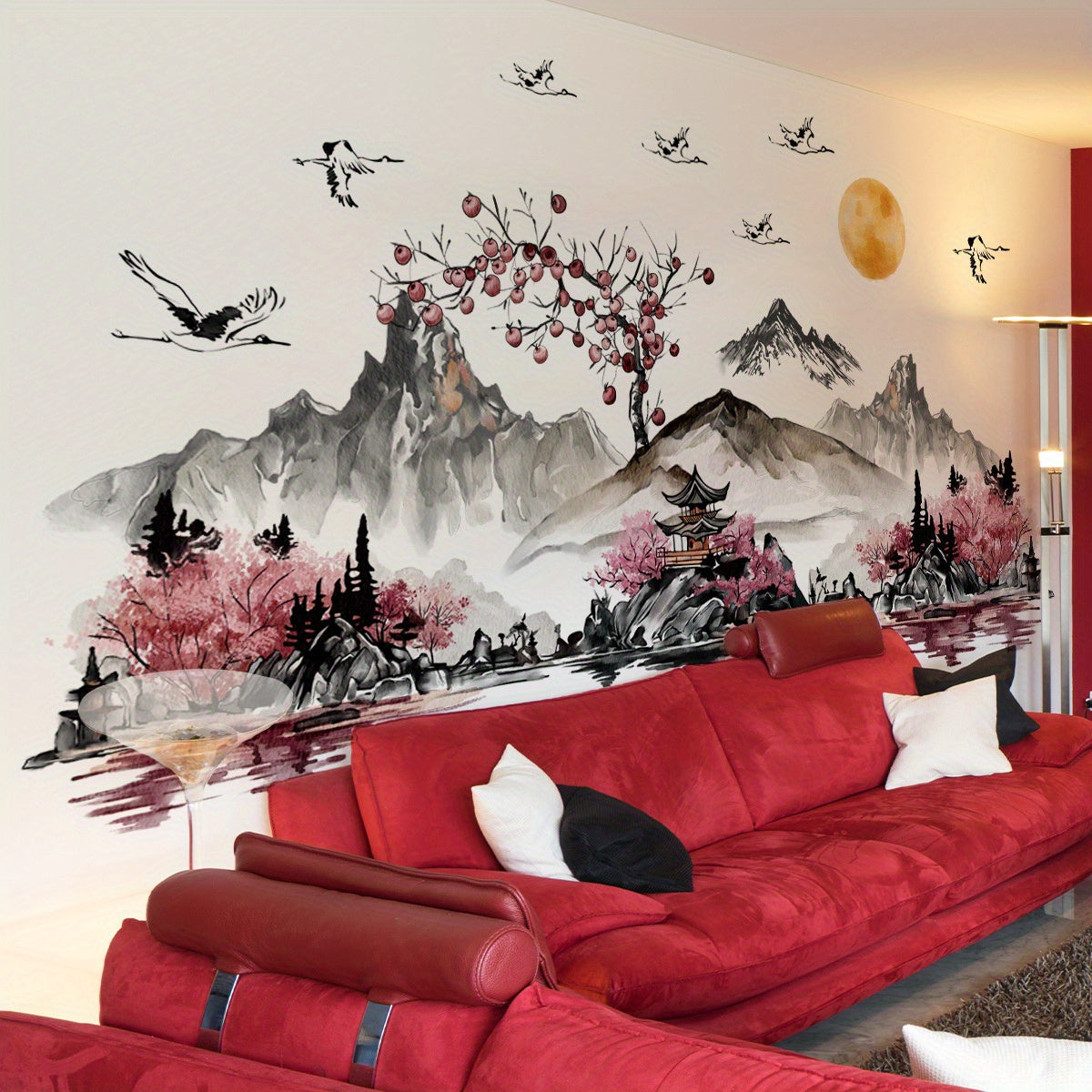 3pcs Traditional Chinese Ink Wash Wall Stickers - Asian Landscape Paintings with Cherry Blossoms, Pagodas & Crane Birds, Glossy PVC Removable Decals for, Walls, Doors, (Easy Peel & Stick)