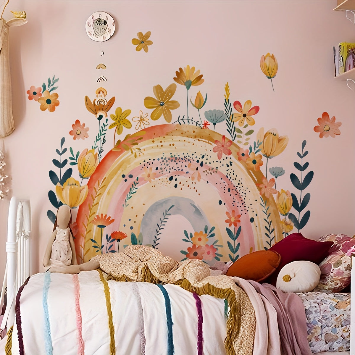 One Set of 2pcs 11.81*23.62inch*2pcs Hand-Painted Rainbow Floral Wall Stickers for Living Room, Bedroom, Study Background Wall Decoration, Self-Adhesive MS7290-YC