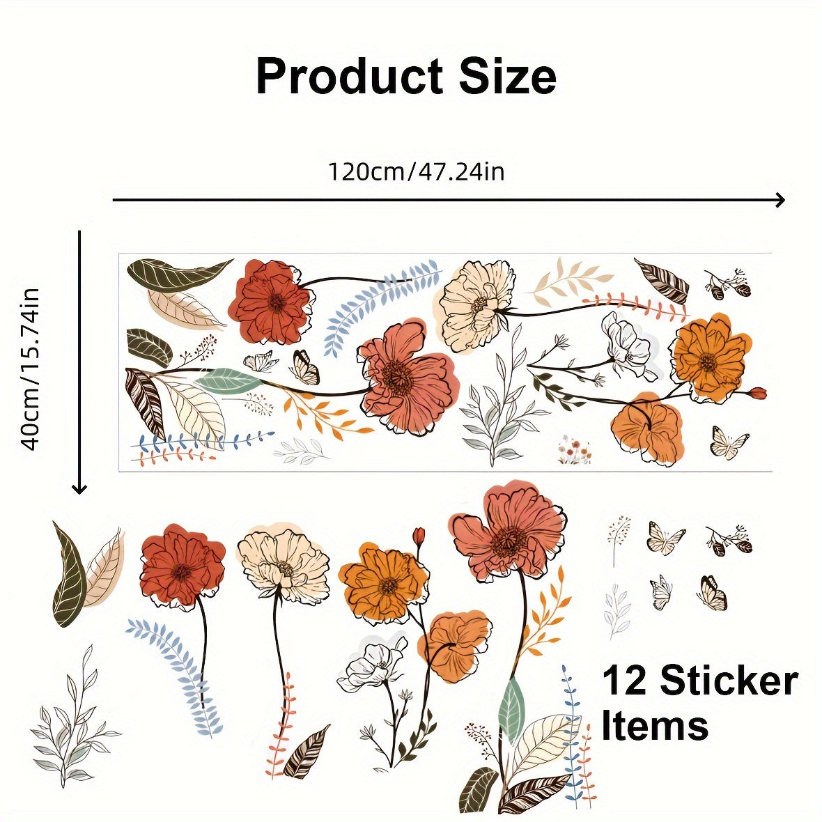 1pc Bohemian Flower Wall Stickers Wildflowers Living Room Bedroom Background Wall Art Deco Self-Adhesive Paper Bohemian Flower Wall Stickers, Wildflowers, Fruits And Pasted Wall Art Stickers for Living Room, Bedroom And TV Walls