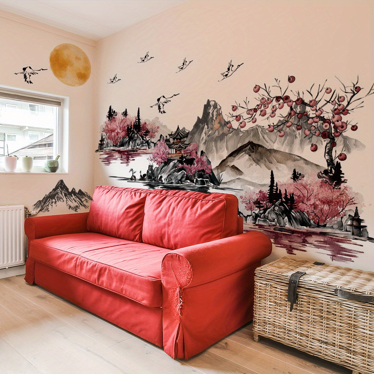 3pcs Traditional Chinese Ink Wash Wall Stickers - Asian Landscape Paintings with Cherry Blossoms, Pagodas & Crane Birds, Glossy PVC Removable Decals for, Walls, Doors, (Easy Peel & Stick)