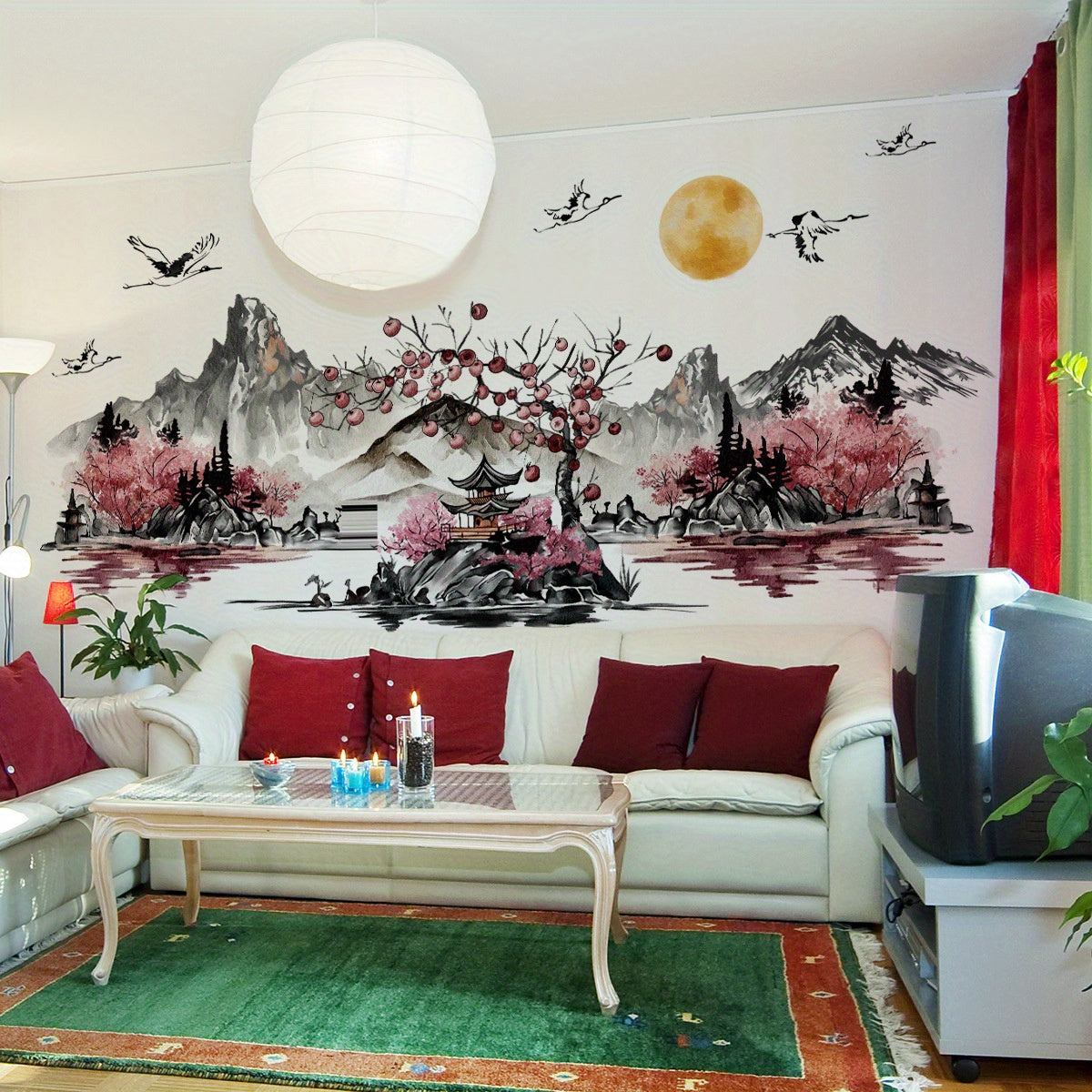 3pcs Traditional Chinese Ink Wash Wall Stickers - Asian Landscape Paintings with Cherry Blossoms, Pagodas & Crane Birds, Glossy PVC Removable Decals for, Walls, Doors, (Easy Peel & Stick)