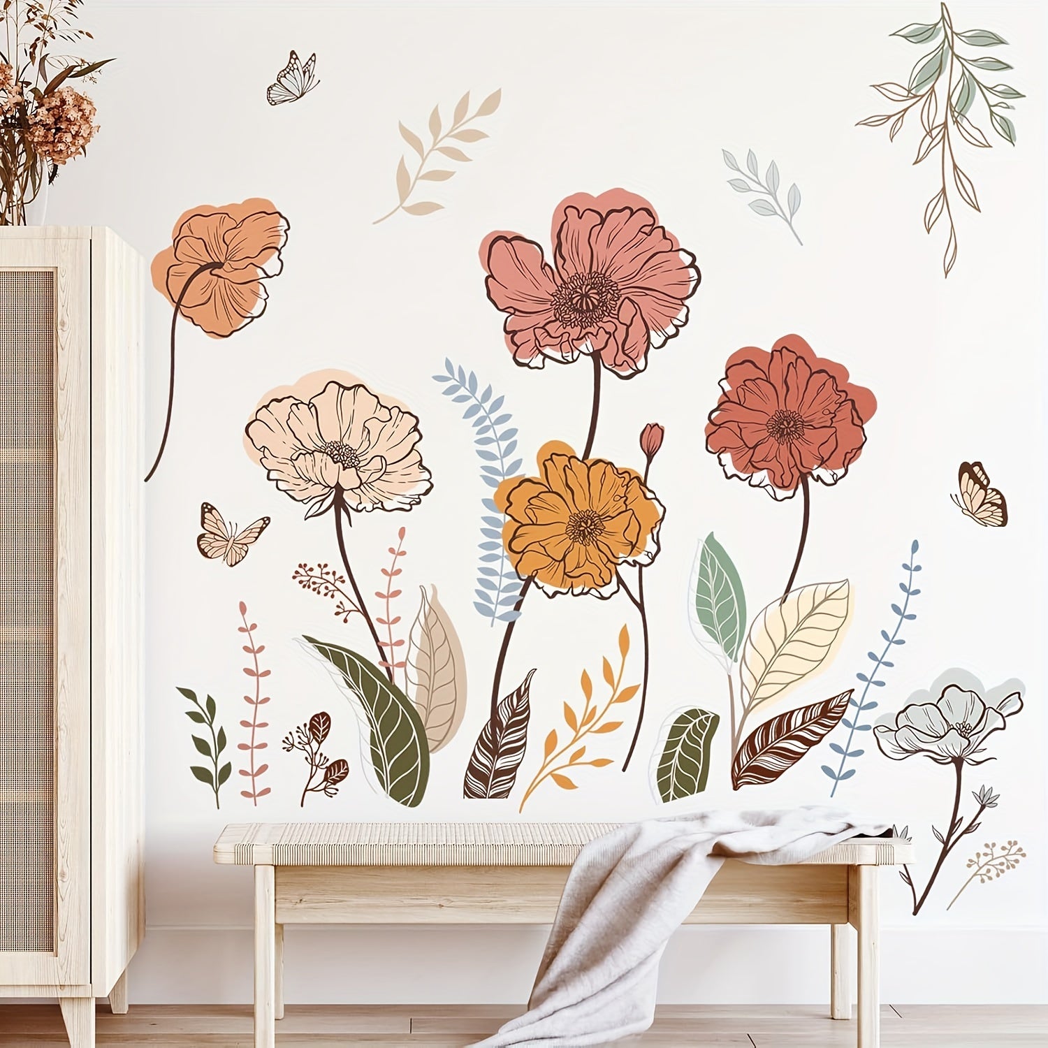 1pc Bohemian Flower Wall Stickers Wildflowers Living Room Bedroom Background Wall Art Deco Self-Adhesive Paper Bohemian Flower Wall Stickers, Wildflowers, Fruits And Pasted Wall Art Stickers for Living Room, Bedroom And TV Walls