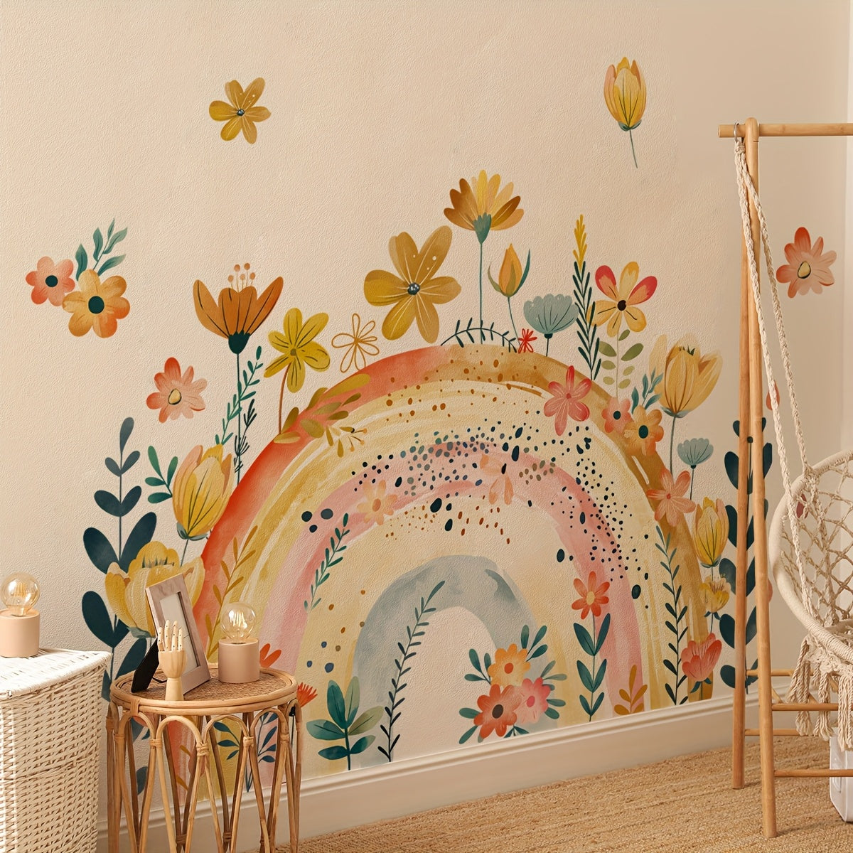 One Set of 2pcs 11.81*23.62inch*2pcs Hand-Painted Rainbow Floral Wall Stickers for Living Room, Bedroom, Study Background Wall Decoration, Self-Adhesive MS7290-YC