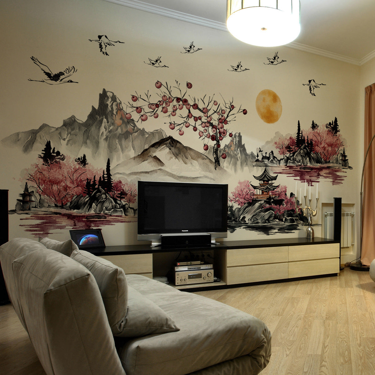 3pcs Traditional Chinese Ink Wash Wall Stickers - Asian Landscape Paintings with Cherry Blossoms, Pagodas & Crane Birds, Glossy PVC Removable Decals for, Walls, Doors, (Easy Peel & Stick)